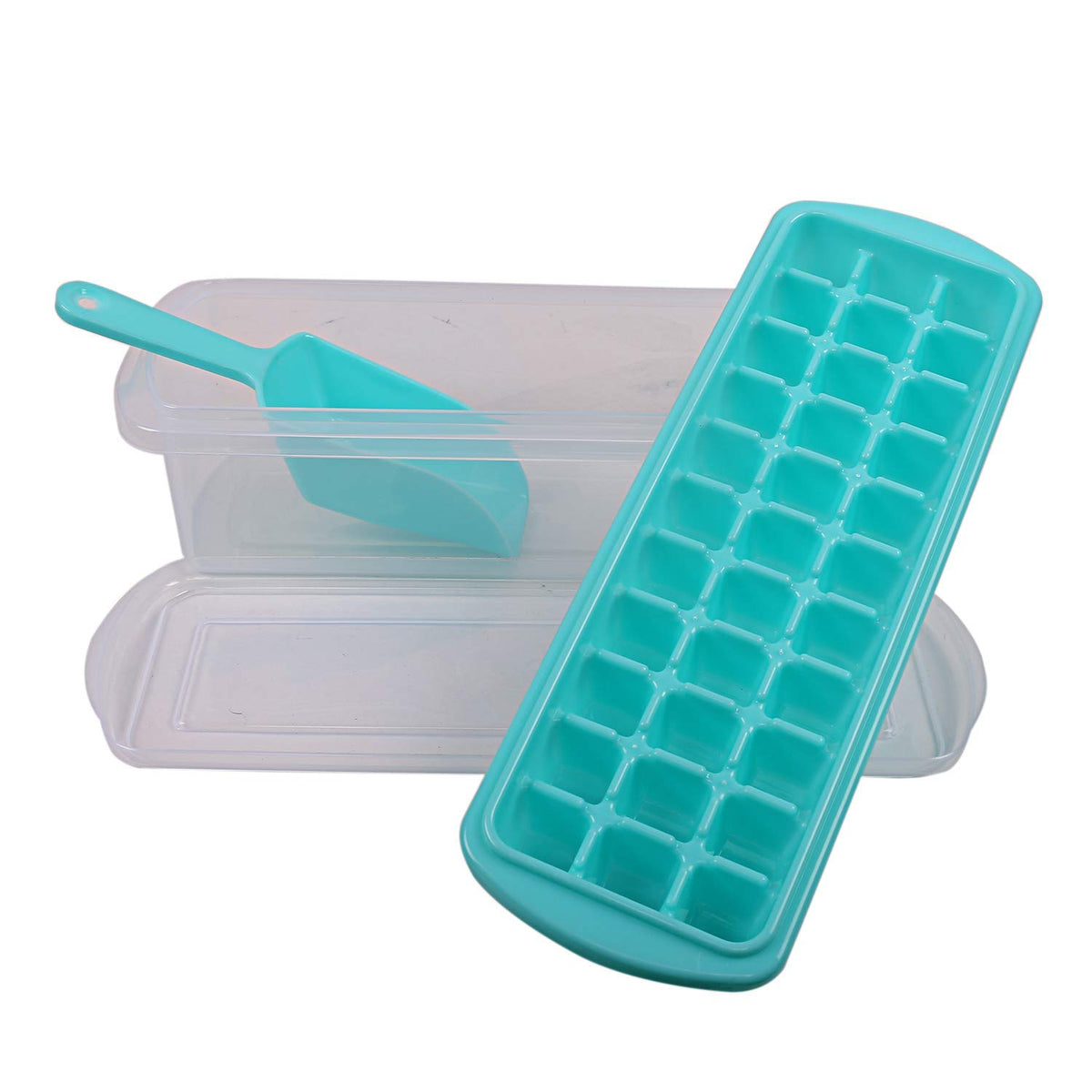 Kuber Industries Plastic Ice Tray with Storage Box, Spoon and Transparent Cover Lid, Random Colors (32 Cubes), Pack of 1-KUBMART2946