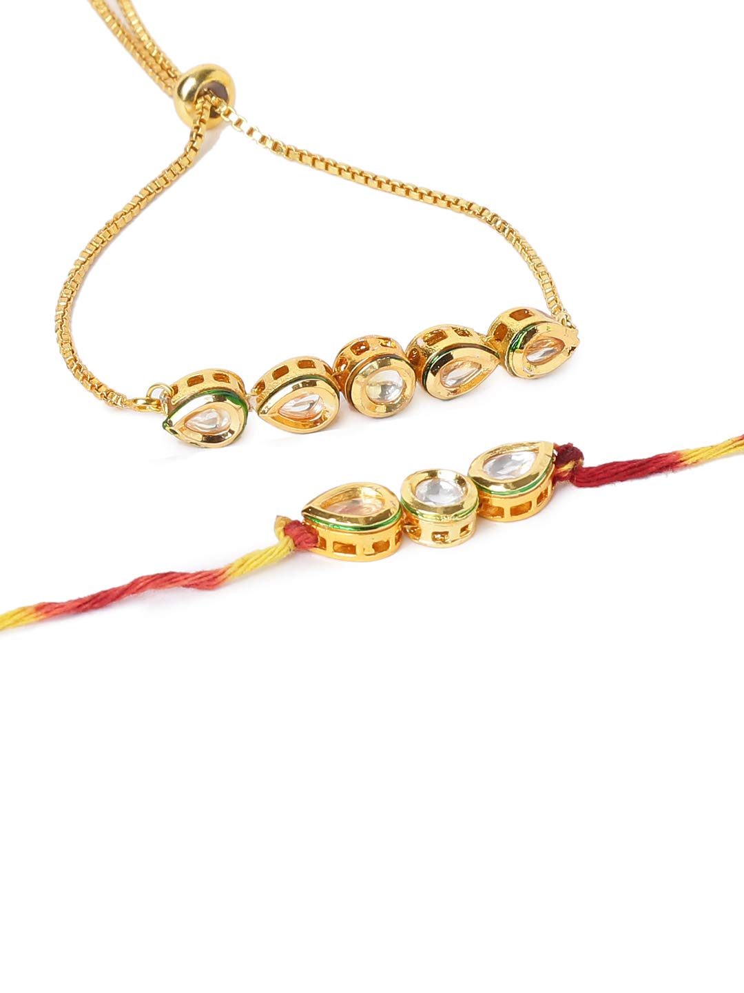 Yellow Chimes Exclusive Set of 2 Pcs Designer Handmade Dori Worked Kundan Studded Gold Plated Bhaiya Bhabhi Combo Rakhi Bracelet With Roli & Chawal