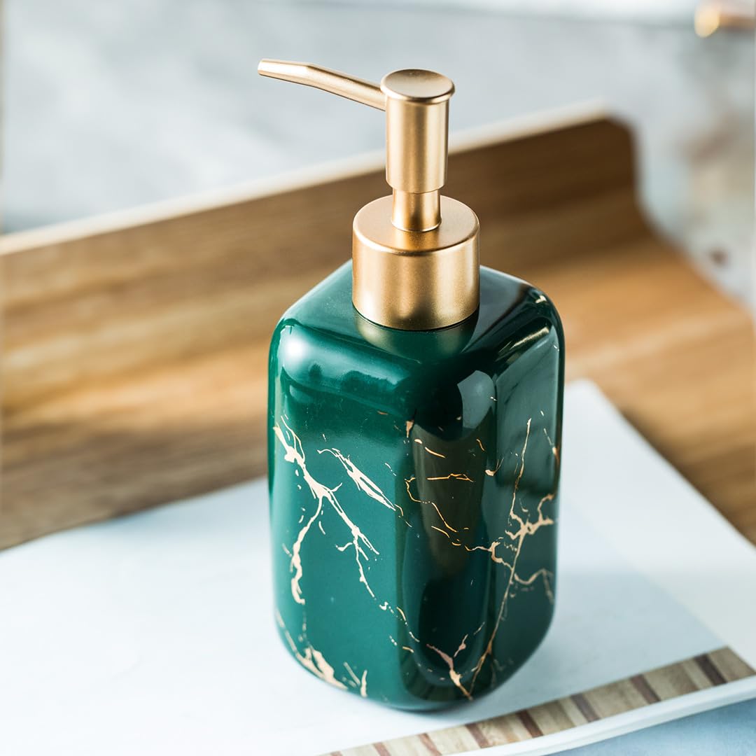 UMAI Liquid Soap Dispenser | Stoneware | Bathroom Sanitizer, Lotion, Shampoo Dispenser | Ceramic Handwash Bottle for Kitchen | Soap Dispenser for Wash Basin | Bathroom Accessories | 300 ml (Green)