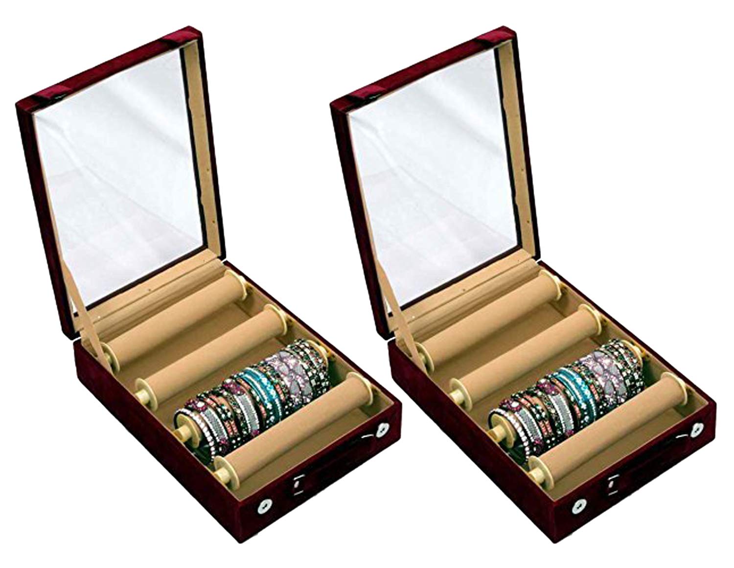 Kuber Industries Wooden 2 Piece Four Rod Transparent Velvet Bangle Storage Box, Maroon - CTKTC22802