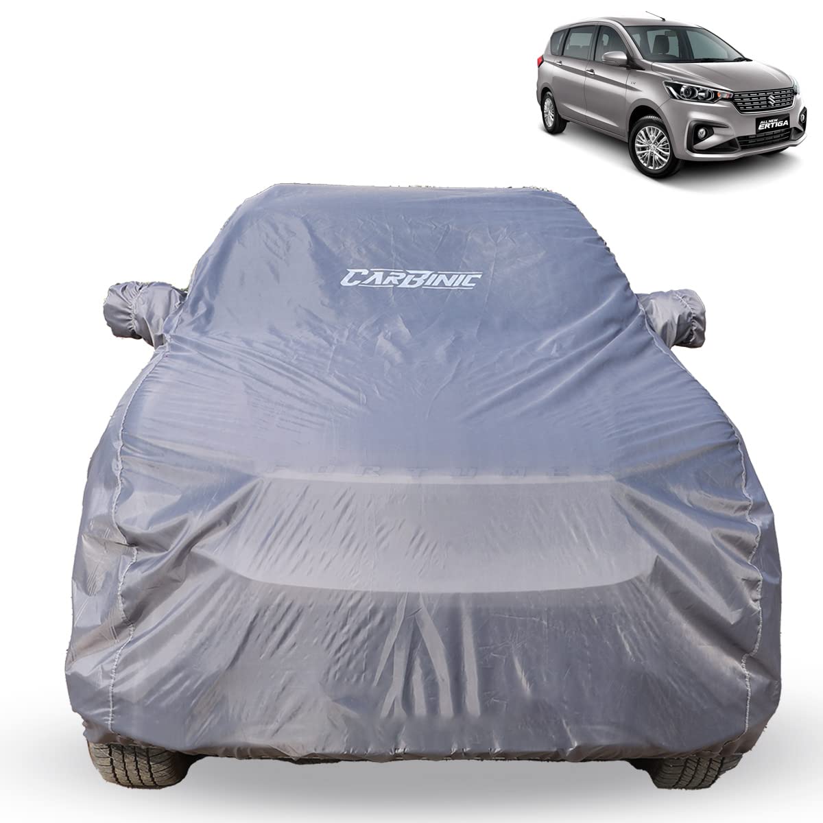 CARBINIC Car Body Cover for Maruti Ertiga 2022 | Water Resistant, UV Protection Car Cover | Scratchproof Body Shield | Dustproof All-Weather Cover | Mirror Pocket & Antenna | Car Accessories, Grey