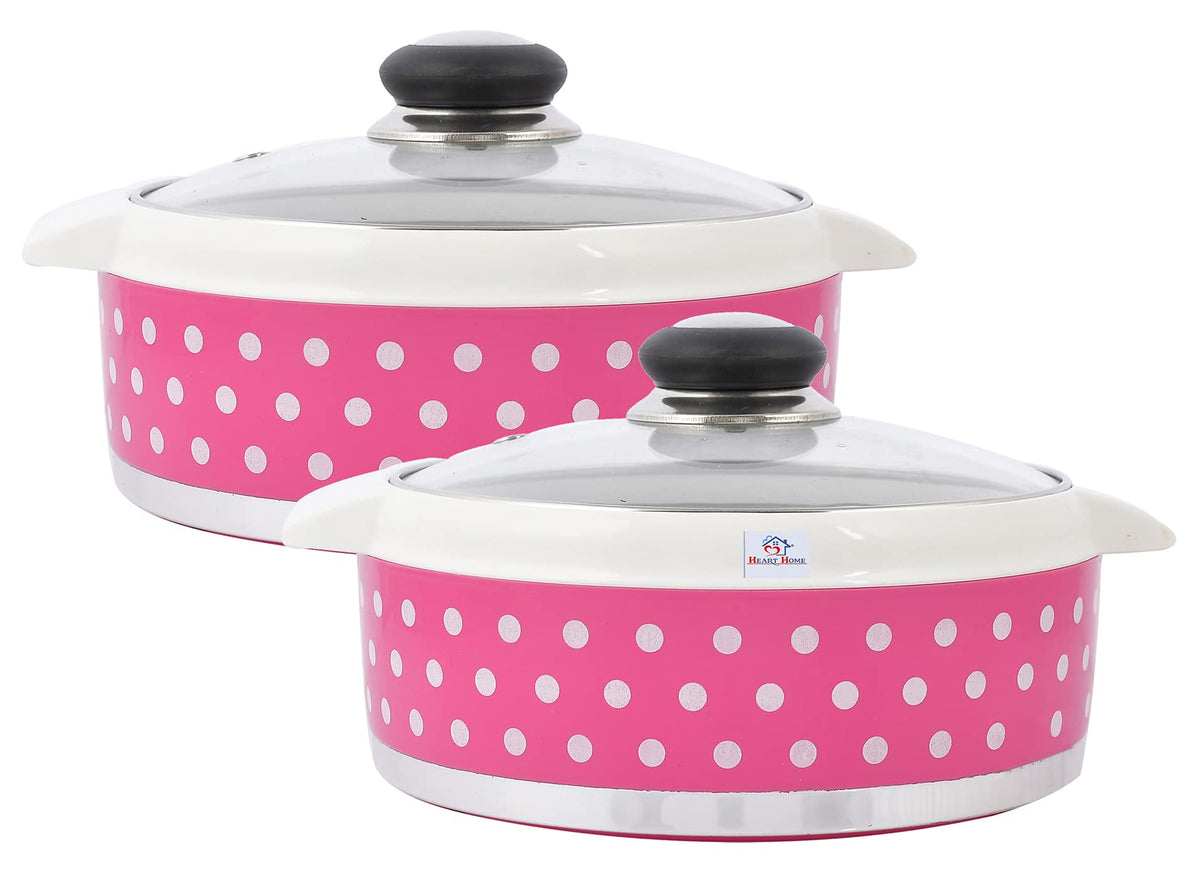 Heart Home Dot Printed Inner Steel Casserole with Toughened Glass Lid, 1500ml- Pack of 2 (Pink)-HS42KUBMART25007