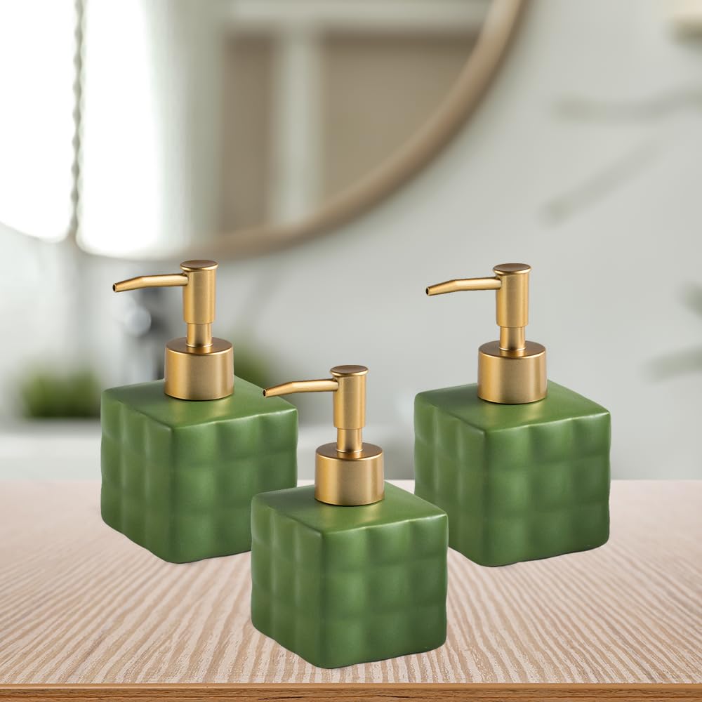 The Better Home 220ml Dispenser Bottle - Green (Set of 3) | Ceramic Liquid Dispenser for Kitchen, Wash-Basin, and Bathroom | Ideal for Shampoo, Hand Wash, Sanitizer, Lotion, and More