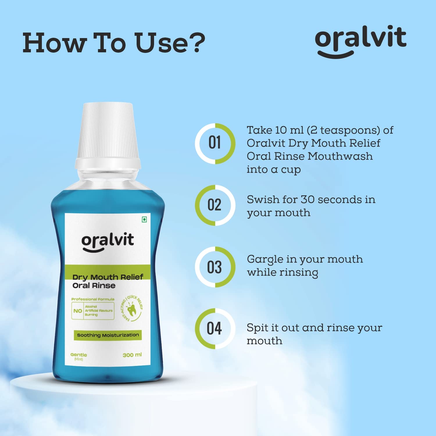 Oralvit Oral Rinse Dry Mouthwash | Prevents Bad Breath | Alcohol-Free, No Burning Sensation, No Artificial Flavour 300ml - Mint Flavour (Pack of 4)