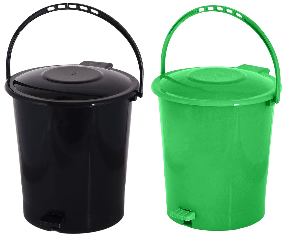 Kuber Industries Plastic Pedal Dustbin, Trashbin, Wastebin For Kitchen, Bathroom, Office Use With Handle, 10 Liter- Pack of 2 (Green & Black)-47KM0938