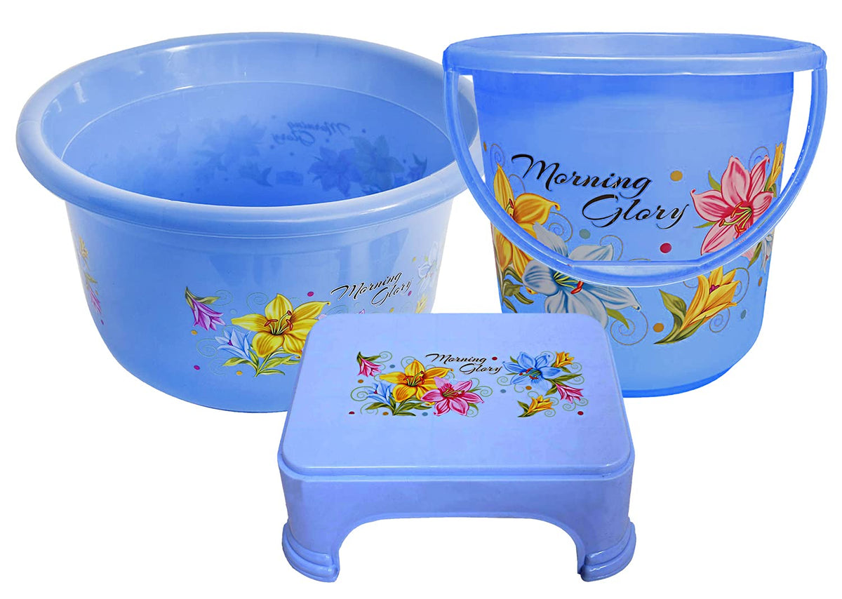 Kuber Industries Printed 3 Pieces Plastic Bucket, Stool & Tub Set (Blue)