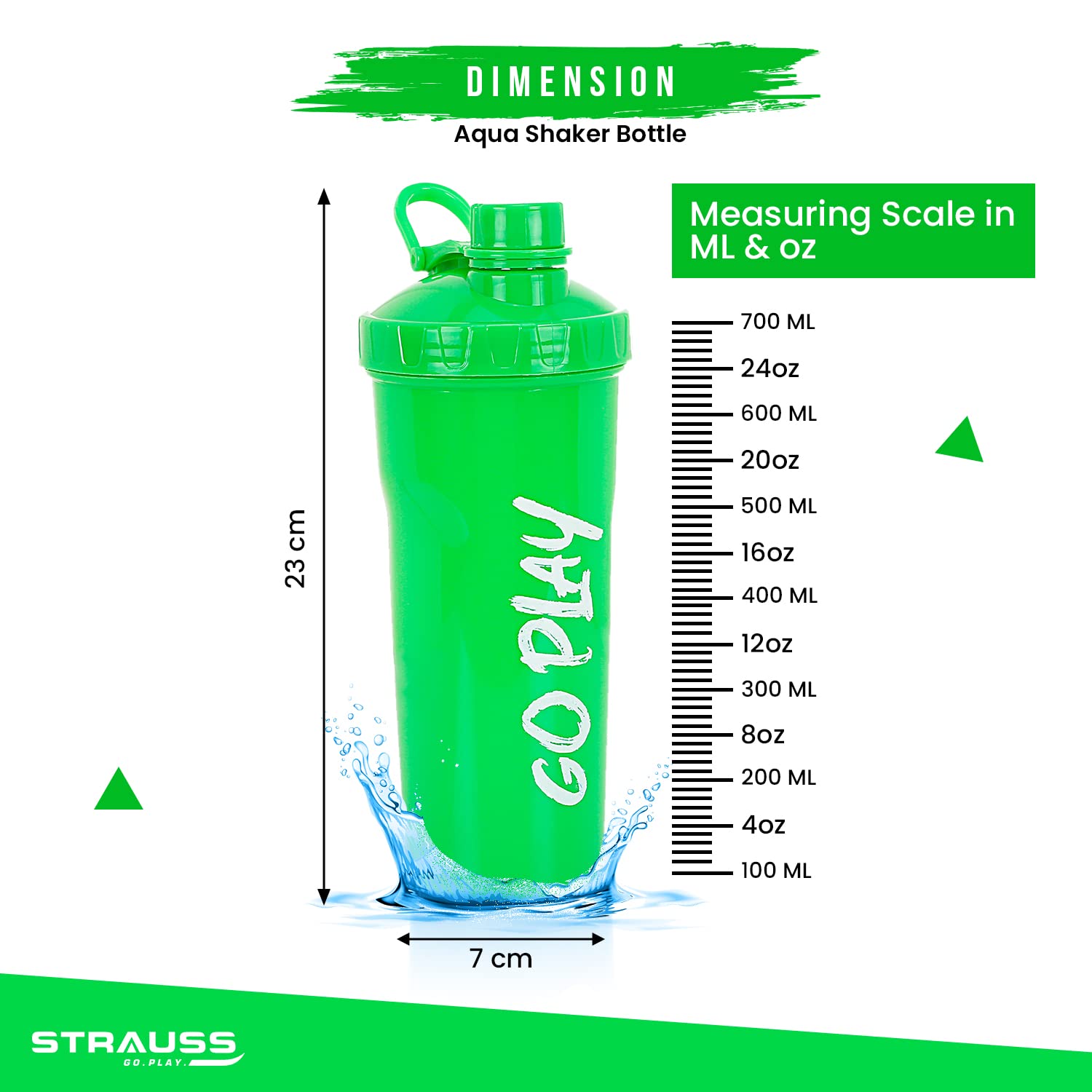 STRAUSS Aqua Shaker Bottle | 100% BPA- Free | Leakproof Shaker for Protein Shake | Ideal For Pre- Post Workout Shake| For Both Men and Women | 700ml, (Flourescent Green)