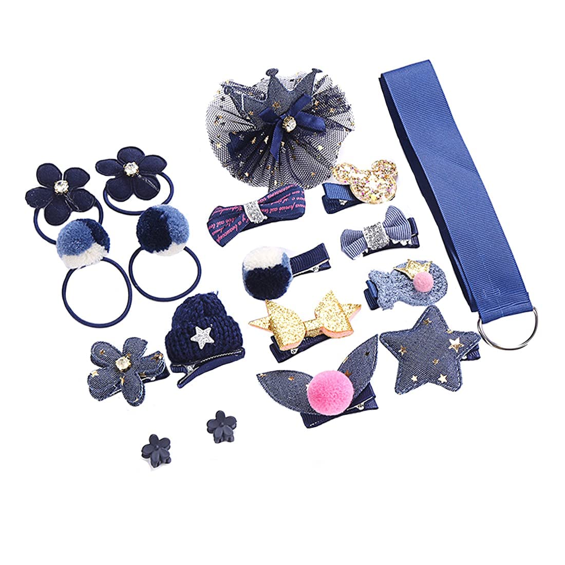 Melbees by Yellow Chimes 18 Pcs Set of Hair Accessories for Kids with Dark Blue Color Hair Clips and Hair Band Assortment Gift Set for Kids Girls (Pack of 18)