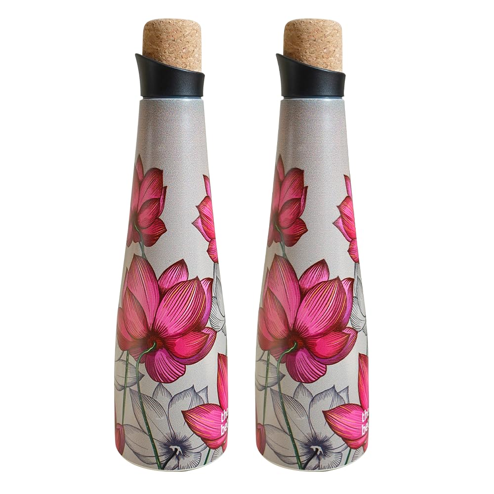 The Better Home Insulated Stainless Steel Water Bottle with Cork Cap | 18 Hours Insulation | Pack of 2-500ml Each | Hot Cold Water for Office School Gym | Leak Proof & BPA Free | Pink Lotus Design