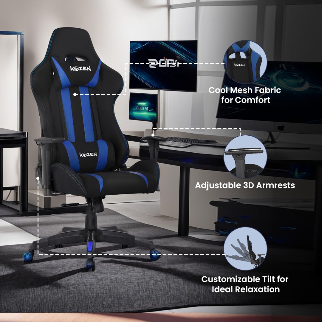 INTERCEPTOR Gaming Chair Ergonomic Design with Premium Fabric, Adjustable  Neck & Lumbar Pillow, 3D Adjustable Armrests, Mesh Fabric - Black