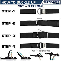 Strauss Yoga Strap & Stretching Belt | Ideal for Yoga, Pilates, Therapy, Dance, Gymnastics & Flexibility | 60% Thicker Belt with Extra Safe Adjustable Metal D-Ring Buckle | Eco-Friendly, 8 feet (Black)