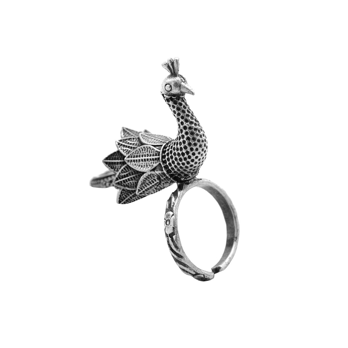 TEEJH Sukriti Antique Silver Oxidized Peacock Ring For Women