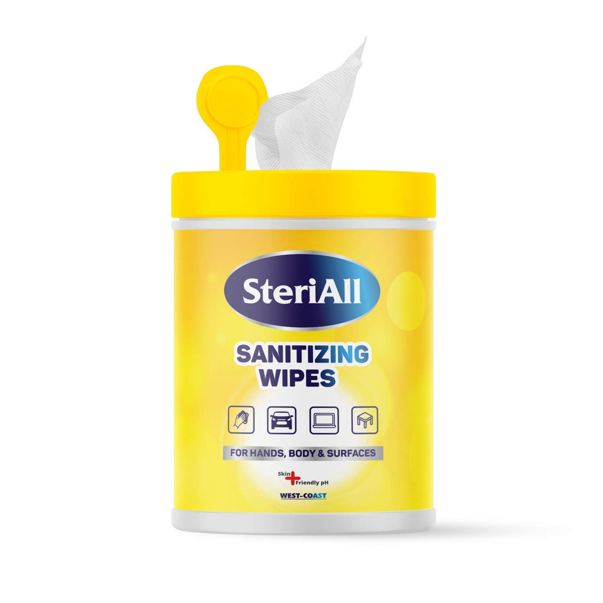 West-Coast SteriAll Sanitizing Disinfectant Wipes for Hands, Body and Surfaces 50 Wipes (1 Canister Jar)