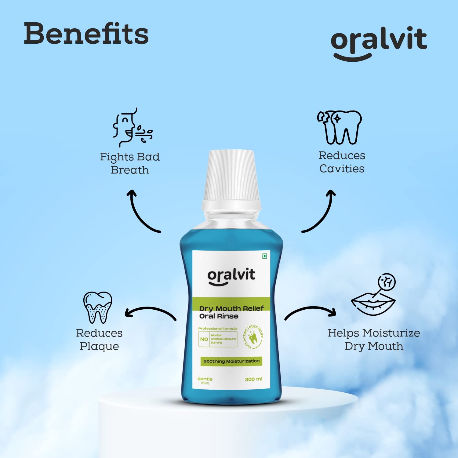 Oralvit Oral Rinse Dry Mouthwash | Prevents Bad Breath | Alcohol-Free, No Burning Sensation, No Artificial Flavour 300ml - Mint Flavour (Pack of 2)