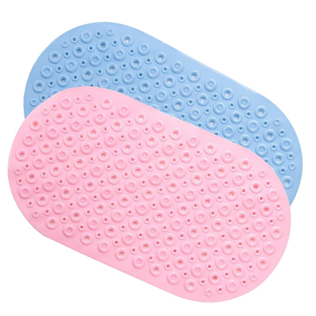 Savya Home Pack of 2 Nonslip Soft Rubber Bath Mat, Rain Mat for Bathtub and Shower, Anti Slip, Anti Bacterial, Machine Washable PVC Bath Mat for Bathroom | 65 x 36 cm |Light Blue & Pink