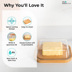 The Better Home Borosilicate Glass Butter Dish with Lid | Borsilicate Glass Container for Storage | Microwave Safe | Bamboo Butter Board | Container for Kitchen | Butter Tray (Light Brown)