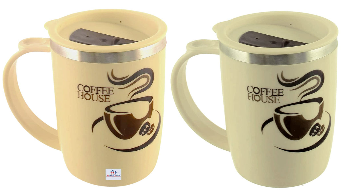 Heart Home Insulated BPA Free Plastic Coffee Mug with Lid, Pack of 2 (Cream & Coffee)