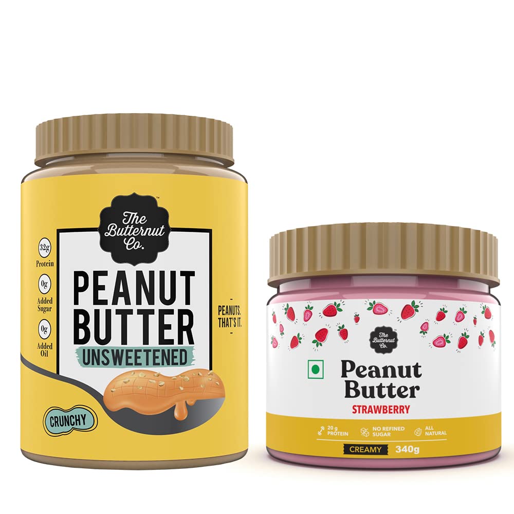 The Butternut Co. Natural Peanut Butter (Crunchy) 1kg & Strawberry Peanut Butter (Creamy) 340g | No Refined Sugar | Natural | Gluten Free | No Cholesterol | High Protein Peanut Butter