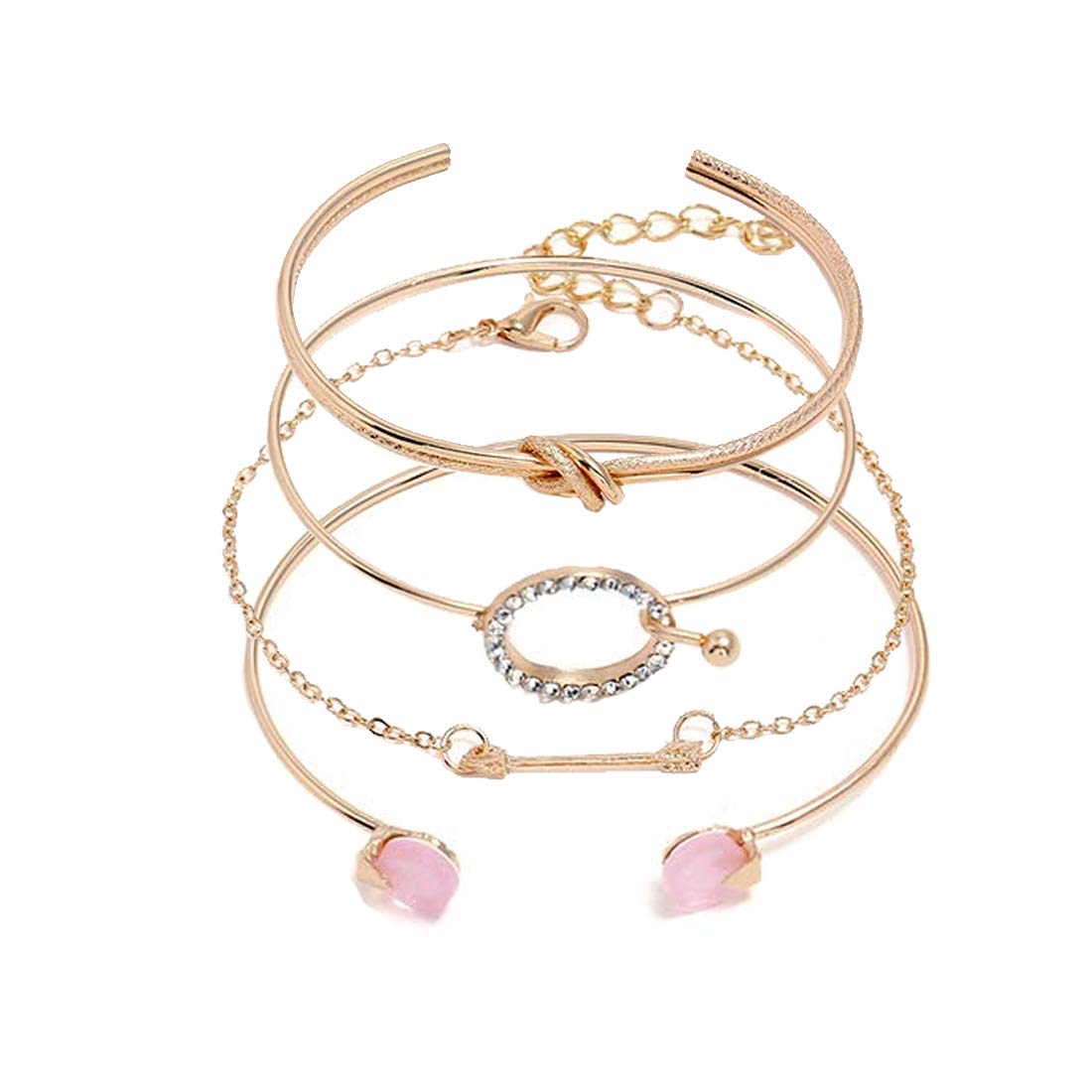 Yellow Chimes Combo of 4 Pcs Multilayer Crystal Round Arrow Knot Gold Plated Cuff Bracelet for Women and Girl's