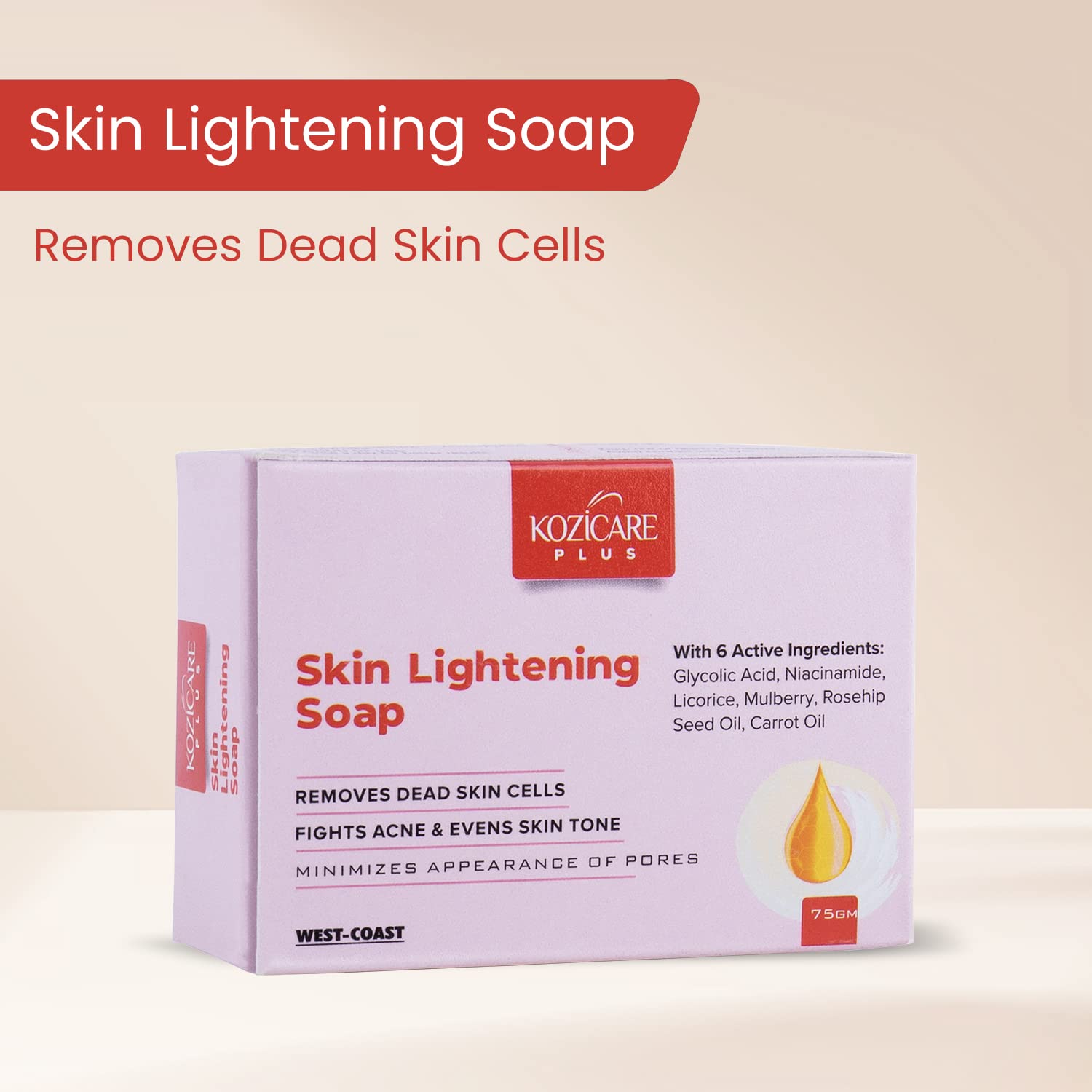 Kozicare Plus Skin Lightening Soap with Kojic Acid 2.5%, Glutathione 1%, Arbutin 1.5%, Vitamin C 2%, Vitamin E, Vitamin A, Licorice 2%, Glycolic Acid 3%, Rosehip Oil, Niacinamide 1% - 75gm (Pack of 6)