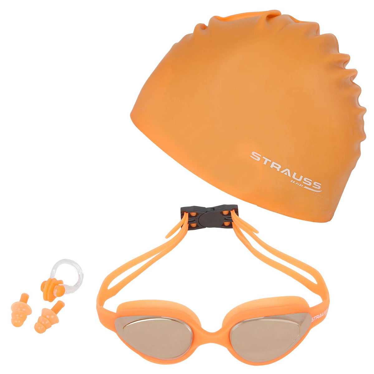 STRAUSS Swimming Goggles Set with UV and Anti Fog Protection | Swimming Kit of Goggles,Cap,Earplug & Nose Plug Set - Ideal for All Age Group | Fully Adjustable | (Orange)