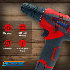 Cheston 12V Cordless Drill Machine Screwdriver Kit | 10mm Keyless Chuck | Lithium-ion 1500 MAH Batteries | Torque setting (18+1) |1500 RPM | Reversible Variable Speed | With Carrying tool kit case