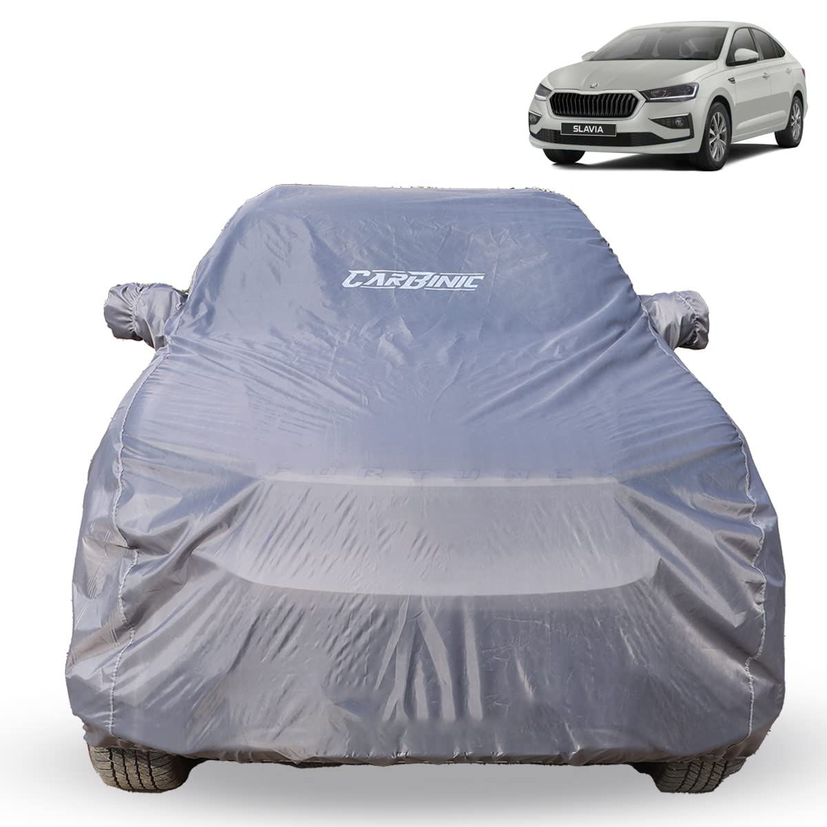 CARBINIC Car Body Cover for Skoda Slavia 2022 | Water Resistant, UV Protection Car Cover | Scratchproof Body Shield | Dustproof All-Weather Cover | Mirror Pocket & Antenna | Car Accessories, Grey