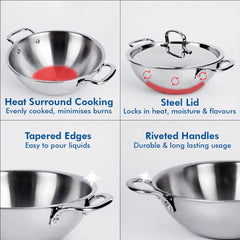 USHA SHRIRAM Triply Stainless Steel Kadai with Lid(1.6L, 2.2L, 2.6L) | Heavy Bottom Kadai | Gas & Induction Cookware | Heat Surround Cooking | Wobble Free Base, Glossy Durable & Easy to Clean (3 Pcs)