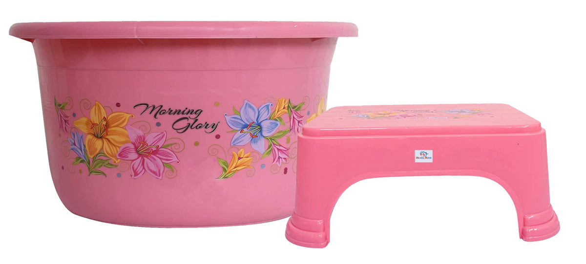 Heart Home Printed 2 Pieces Unbreakable Virgin Plastic Multipurpose Bathroom Tub & Stool Set (Pink)
