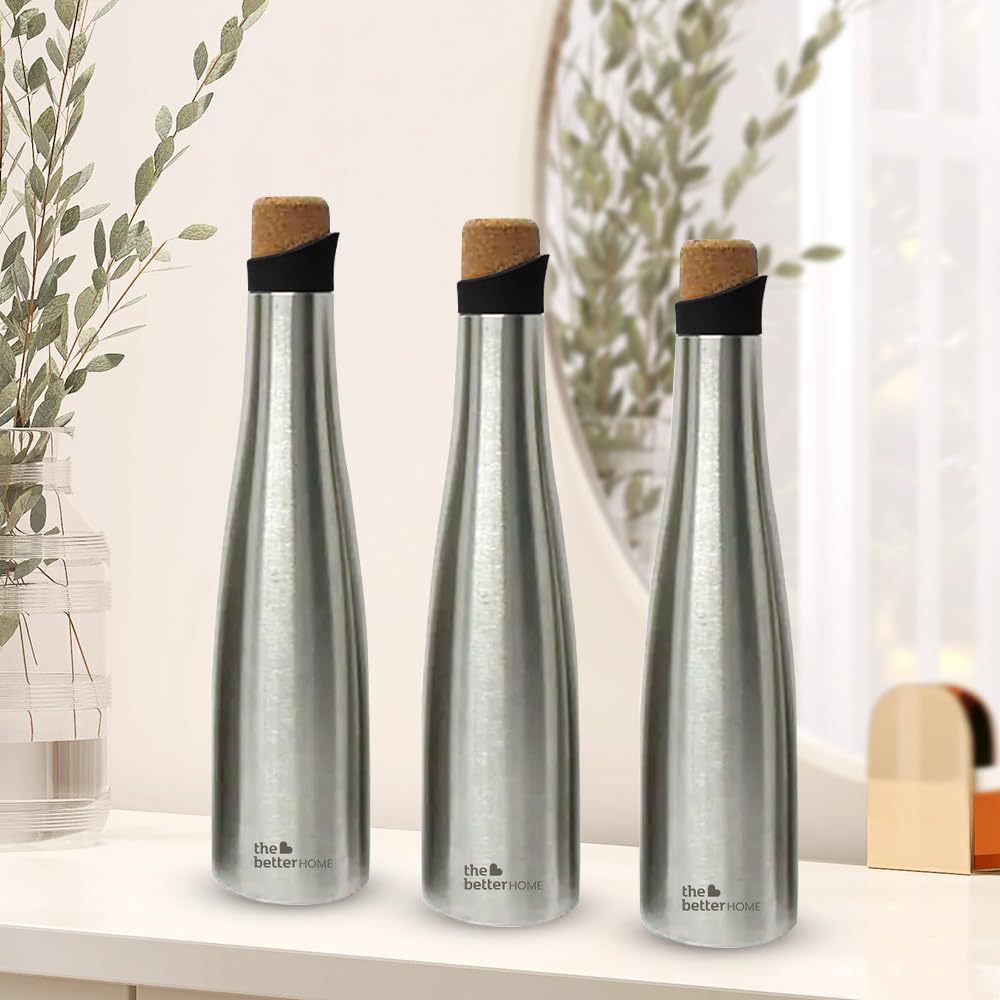 The Better Home Insulated Stainless Steel Water Bottle with Cork Cap | 18 Hours Insulation | Pack of 3-500ml Each | Hot Cold Water for Office School Gym | Leak Proof & BPA Free | Silver Colour