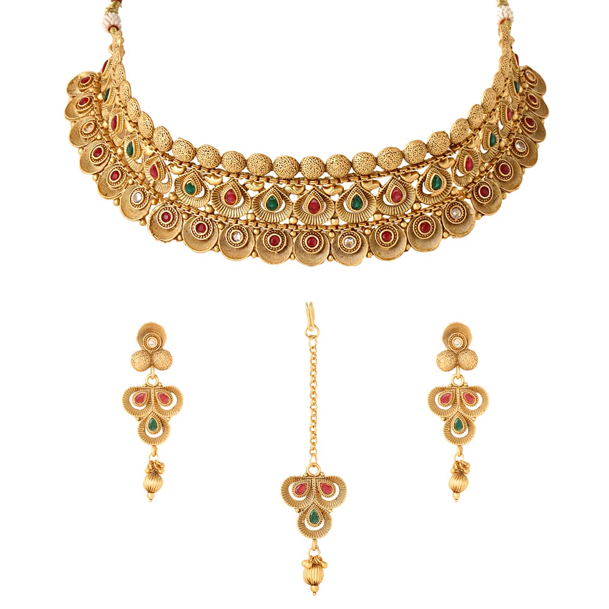 Yellow Chimes Jewellery Set For Women Gold Plated Crystal Studded Floral Designed Traditional Choker Necklace Set with Earrings and Mangtikka For Women and Girls