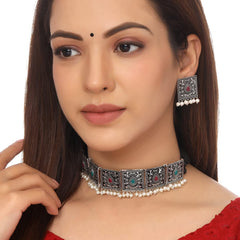 Yellow Chimes Jewellery Set For Women Silver Toned Square Designed Stone and Pearl Studded Eye-Catching Choker Necklace Set For Women and Girls
