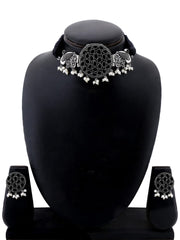 Yellow Chimes Ethnic German Silver Oxidised Studded Black Stone Peacock Design Threaded Choker Necklace Set Traditional Jewellery Set for Women and Girls