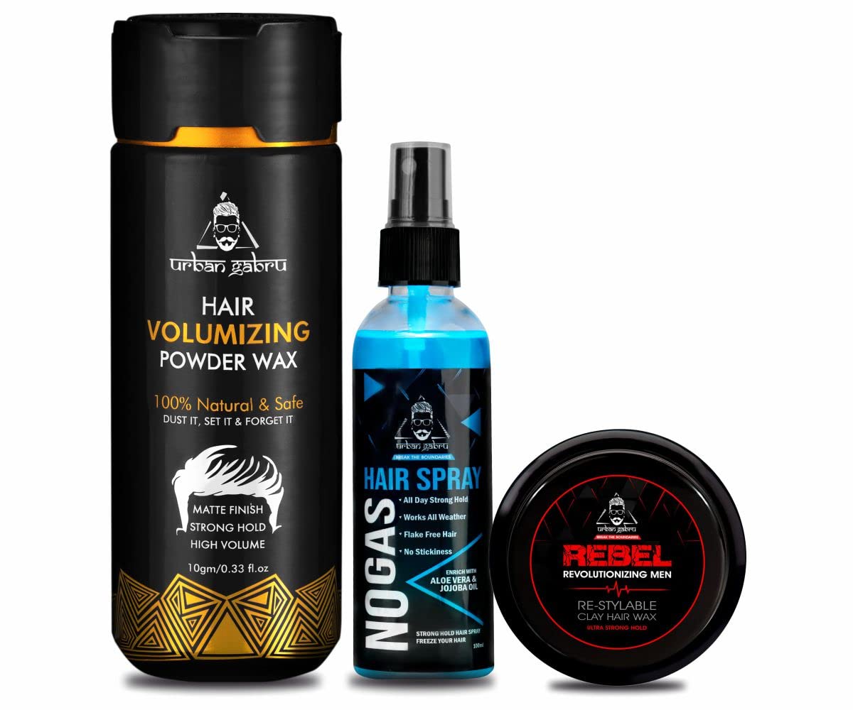 Urbangabru Hair Volumizing Powder wax (10 Gram) + Rebel Hair Wax (85 Gram) + No Gas Hair Spray (100 ML) - Men's Grooming Combo Kit