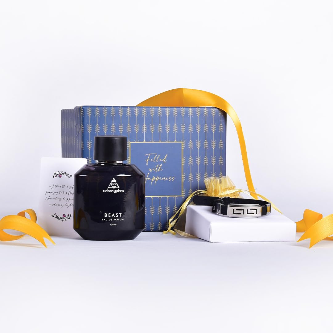 Gleevers Birthday Gift for Men|Gift Box pack of 2 with Urban Gabru Perfume (100 ml) & Yellow Chimes Bracelet|Anniversary Gift for Husband, Valentine Gift for Boyfriend, Birthday Gift for Brother