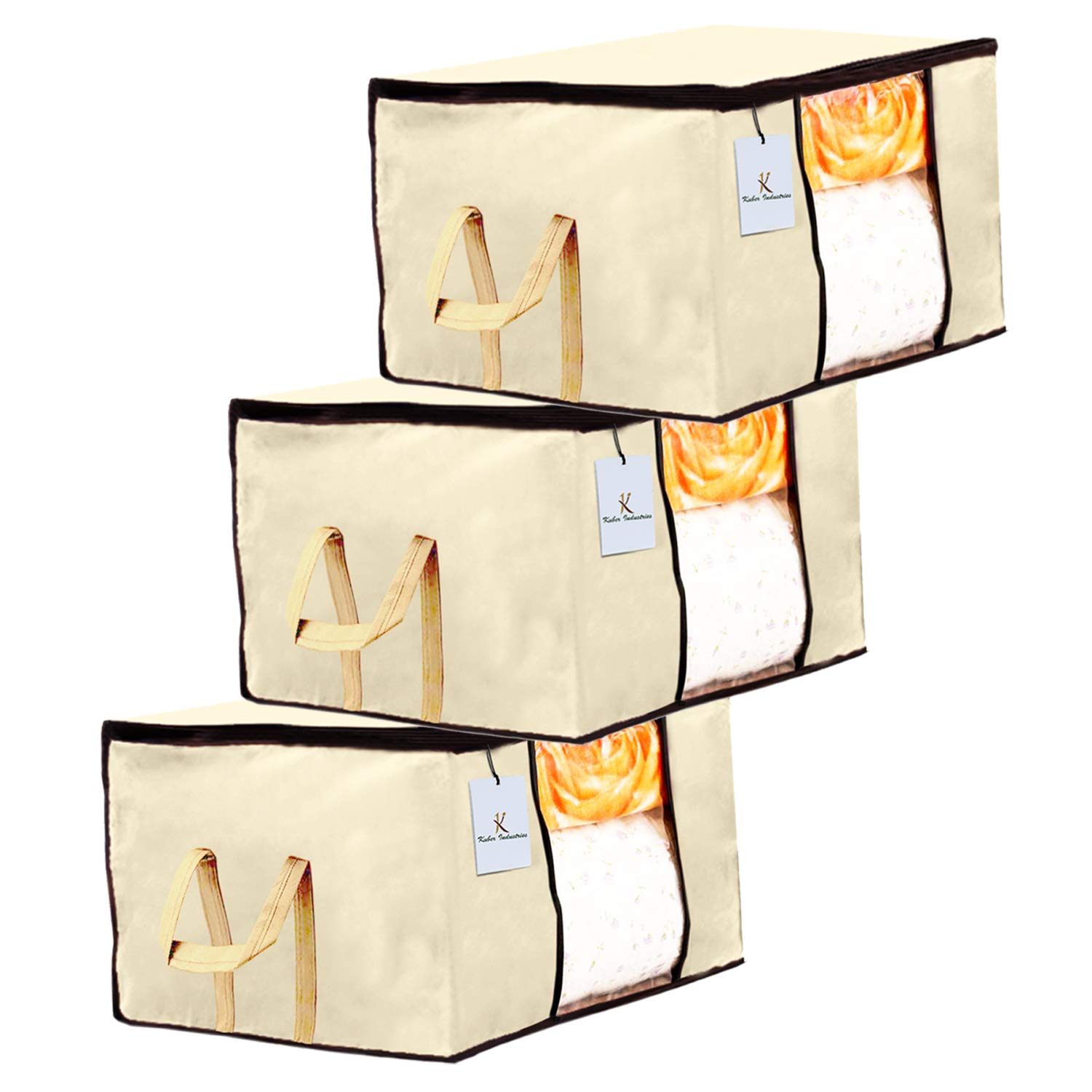 Kuber Industries Underbed Rectangular Blanket Storage|Organizer Bag|Blanket Cover |Storage Bag for Clothes Large|Set of 3 (Ivory)