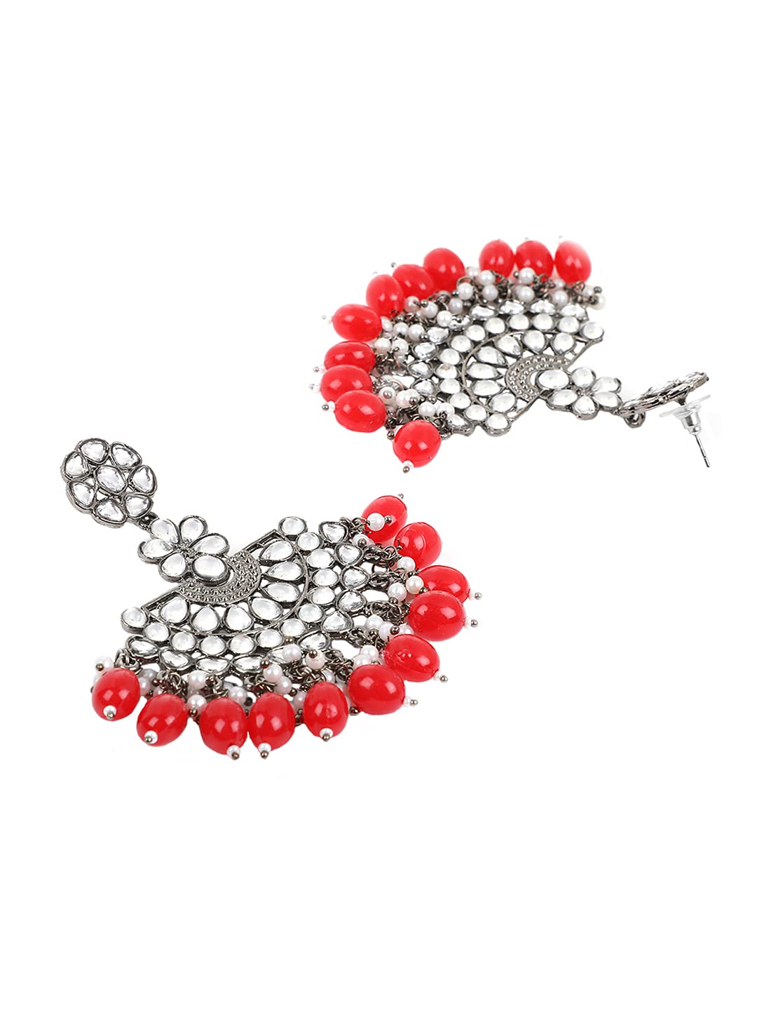 Yellow Chimes Ethnic Silver Oxidised Floral Design Kundan Studded Red Beads Chandbali Earrings for Women and Girls, Silver, Red, Medium (YCTJER-93BLKMTK-RD)