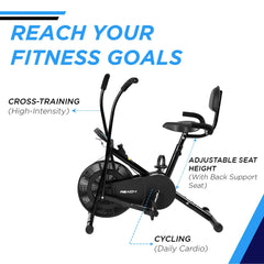 ELEV8 by Reach AB-110 BH Air Bike Exercise Cycle with Moving or Stationary Handle | with Back Support Seat & Side Handle for Support | Cushioned Seat | Fitness Cycle for Home Gym