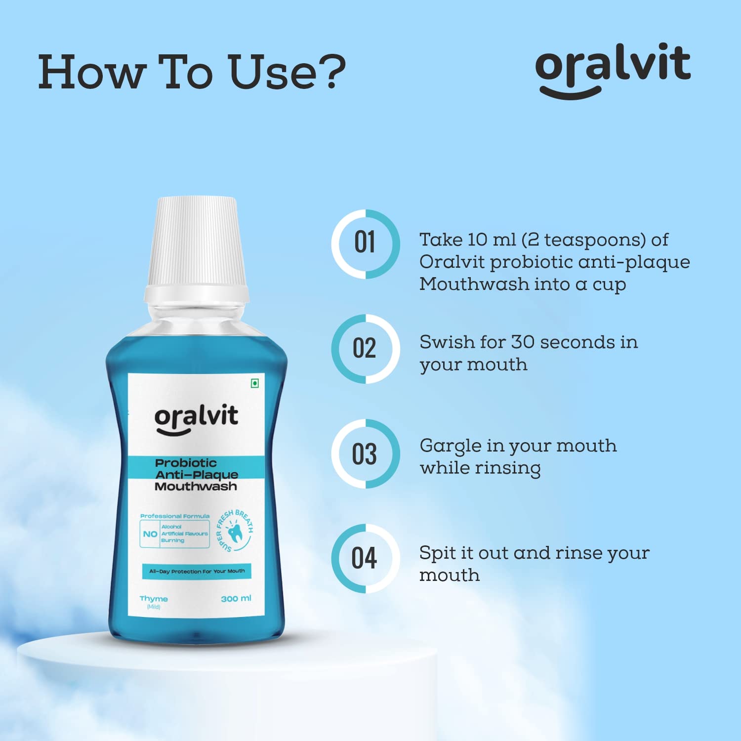Oralvit Probiotic Anti-Plaque Mouthwash with Mild Thyme | Fights Germs | No Alcohol, No Burning Sensation, No Artificial Flavours |For Men & Women – 300ml (Pack of 2)