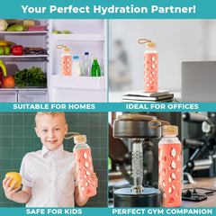 The Better Home Borosilicate Glass Water Bottle with Sleeve 550ml | Non Slip Silicon Sleeve & Bamboo Lid | Water Bottles for Fridge | Coral (Pack of 10)