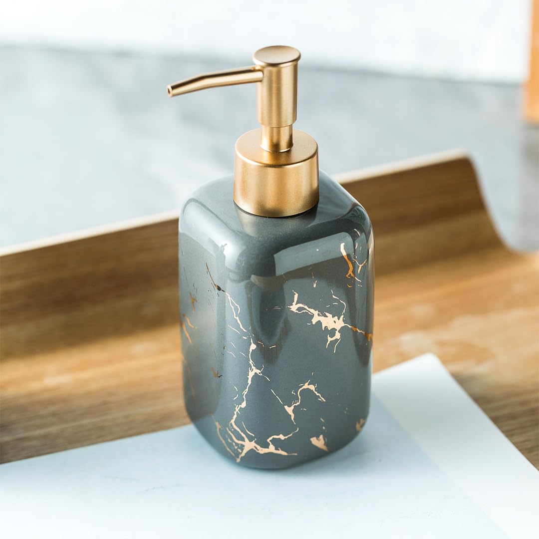 UMAI Liquid Soap Dispenser | Stoneware | Bathroom Sanitizer, Lotion, Shampoo Dispenser | Ceramic Handwash Bottle for Kitchen | Soap Dispenser for Wash Basin | Bathroom Accessories | Grey | 300 ml