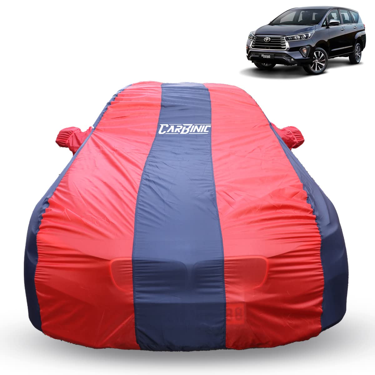 CARBINIC Car Cover for Toyota Innova Crysta 2021 Water Resistant (Tested) & Dustproof Custom Fit UV Heat Resistant Outdoor Protection with Triple Stitched Fully Elastic Surface (Blue & Red)