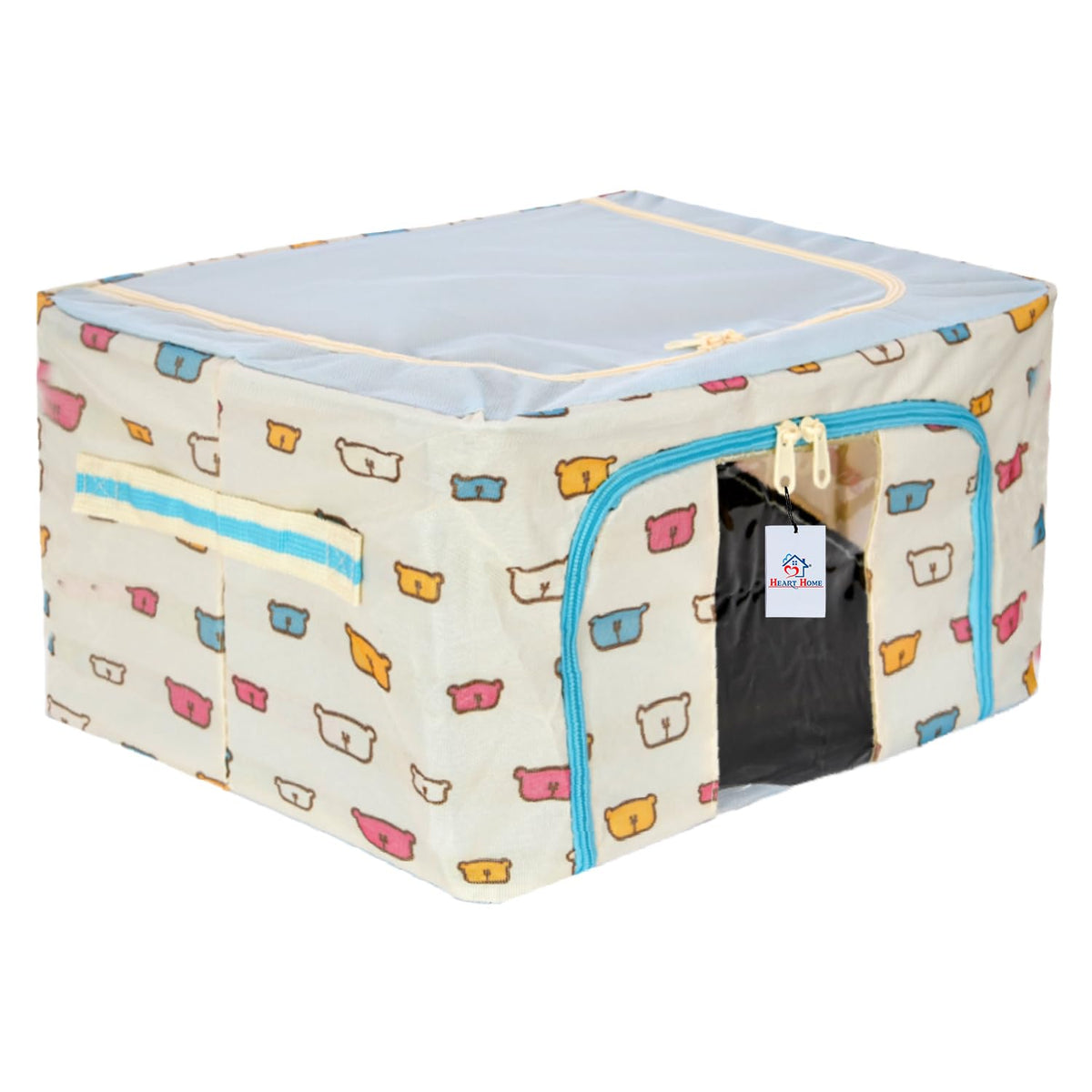 Heart Home Storage Box | Steel Frame Living Box | Storage Organizer For Clothes | Saree Cover for Woman | Teddy Print Print Cloth Organizer | 22 Liter | Sky Blue
