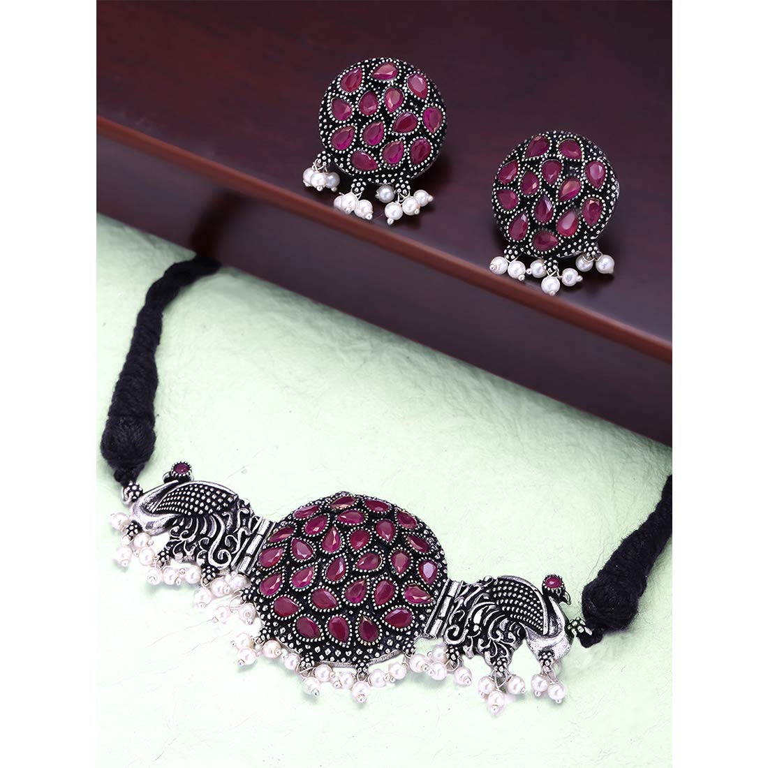 Yellow Chimes Ethnic German Silver Oxidised Studded Stone Peacock Design Threaded Choker Necklace Set Traditional Jewellery Set for Women and Girls, silver, pink, medium (YCTJNS-PECKSTON-PK)