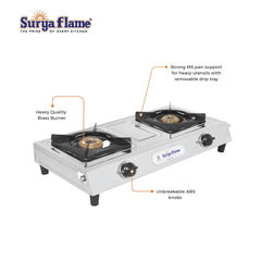 Surya Flame Venus Gas Stove 2 Burners | Stainless Steel Body | Manual LPG Stove With 69% Thermal Efficiency | Anti Skid Rubber Legs - 2 Years Complete Doorstep Warranty
