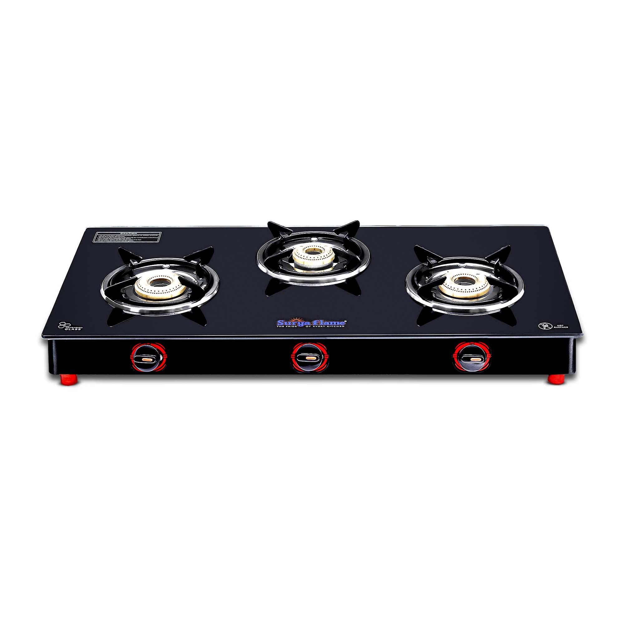 Surya Flame Alpha Gas Stove 3 Burner Glass Top | India's First ISI Certifed Black Body PNG Stove | Direct Use For Pipeline Gas - 2 Years Complete Doorstep Warranty