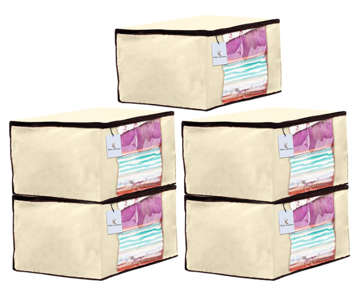 Kuber Industries 5 Piece Non Woven Fabric Saree Cover Set with Transparent Window, Extra Large, Ivory-CTKTC23731