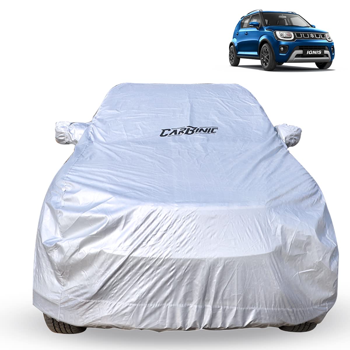 CarBinic Car Cover for Maruti Ignis 2017 Waterproof (Tested) and Dustproof Custom Fit UV Heat Resistant Outdoor Protection with Triple Stitched Fully Elastic Surface | Silver with Pockets