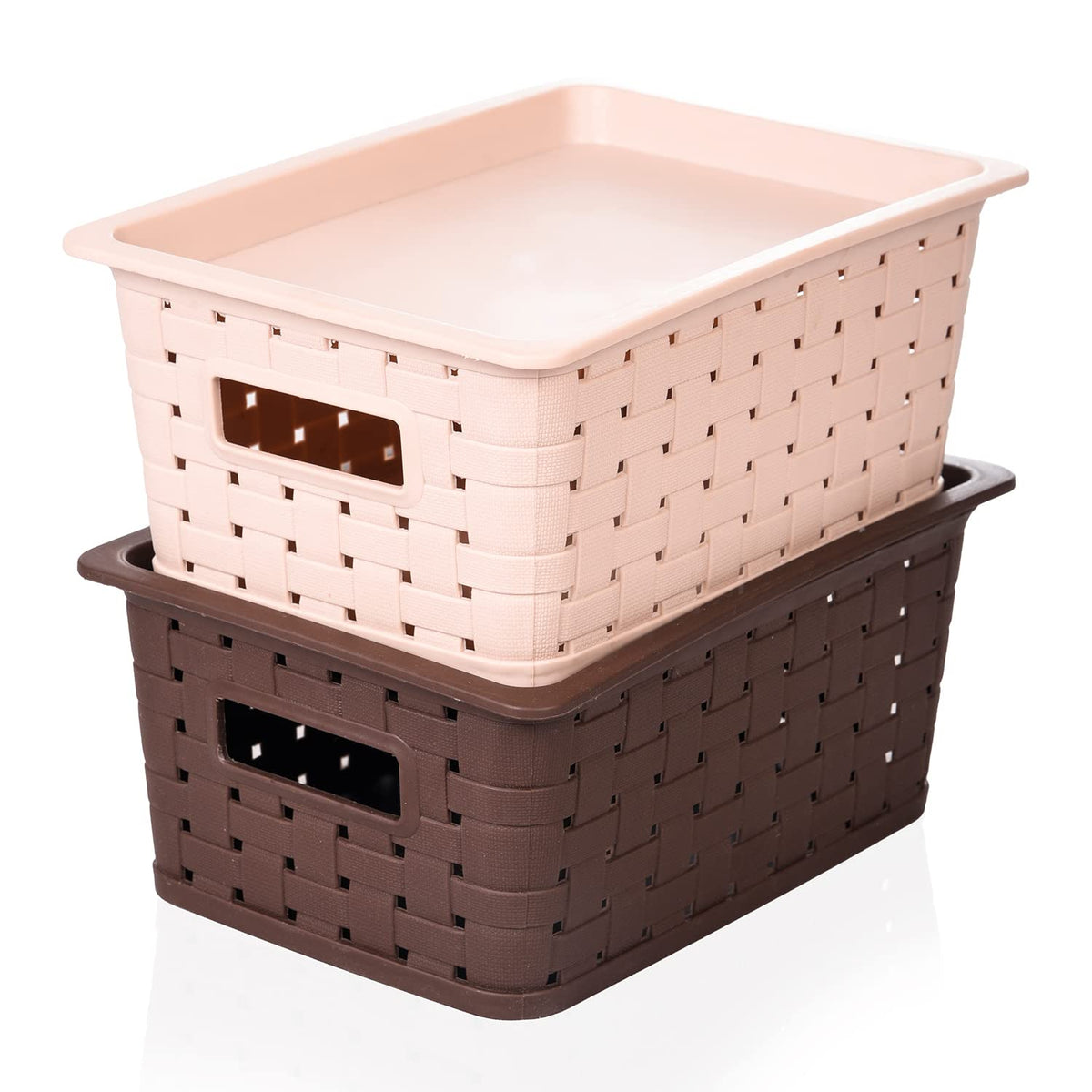 Kuber Industries BPA Free Attractive Design Multipurpose Large Trendy Storage Basket With Lid|Material-Plastic|Color-Brown,Beige|Pack of 2