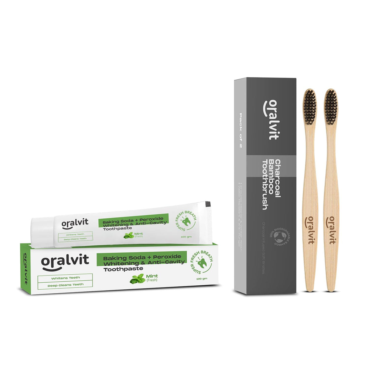 Oralvit Baking Soda Toothpaste & Charcoal Bamboo Toothbrush (100g, Pack Of 2)